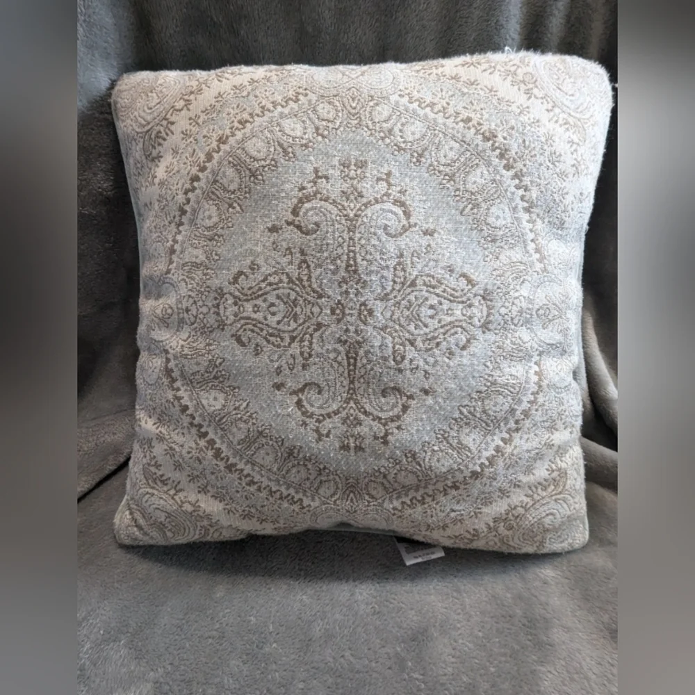J. Queen square throw pillow in tan/white/mint 17x17